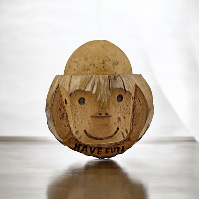 Hand Carved Coconut Monkey Bank Have Fun Tiki Bar Decoration