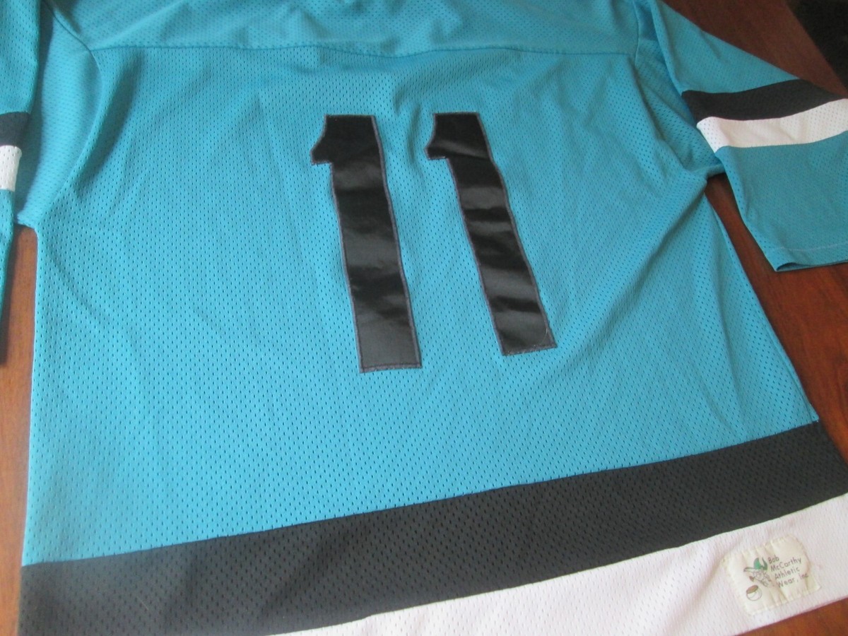 Vintage 70s Bob McCarthy Teal Black White #11 Hockey Jersey Large 