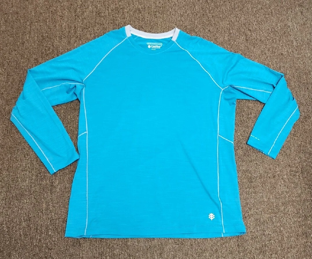 Coolibar Shirt Mens Large Teal Blue Crew Neck Rashguard Stretch UPF 50+ Swim EUC