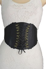 Women Black Belt Elastic Faux Leather Wide Corset High Waist Front Tie Gold S M