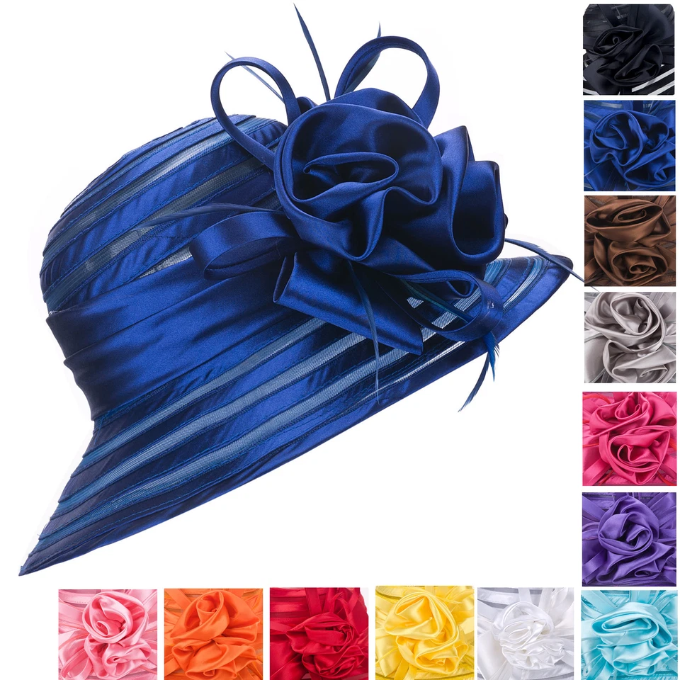 A214 Womens Church Wedding Kentucky Derby Satin Ribbon Feather Floral Sun Hats  - Image 2 of 4