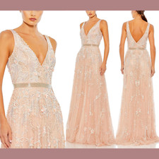 NWT $498 Mac Duggal [ 16 ] Floral Embellished Plunge Neck Tulle Gown Blush J964