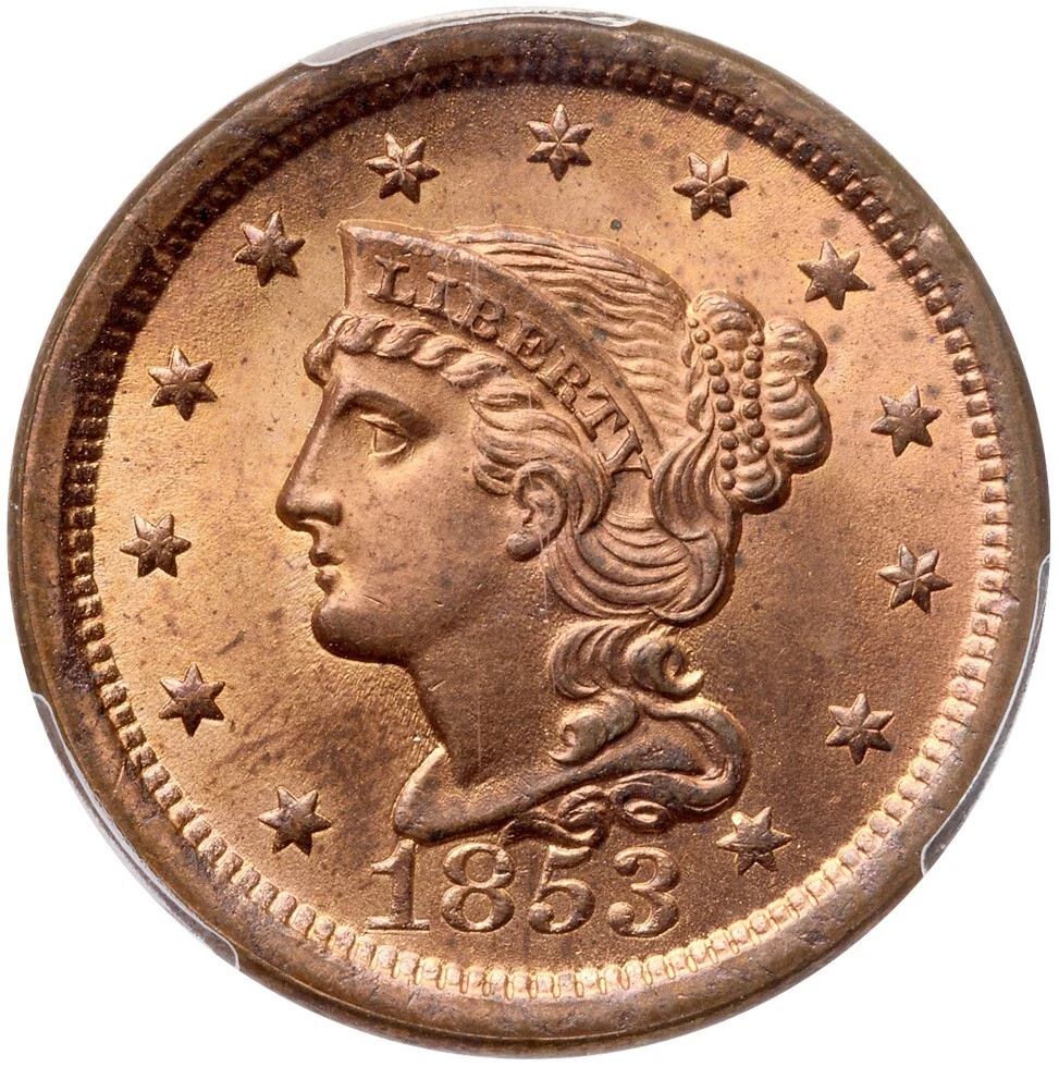 1853 N-25 R-1 PCGS MS 66 RD Braided Hair Large Cent Coin 1c