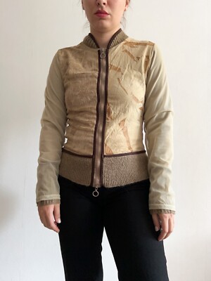 Save The Queen Women's Full Zip Sweater Jacket Printed Back Y2K Mesh+Plush+Suede