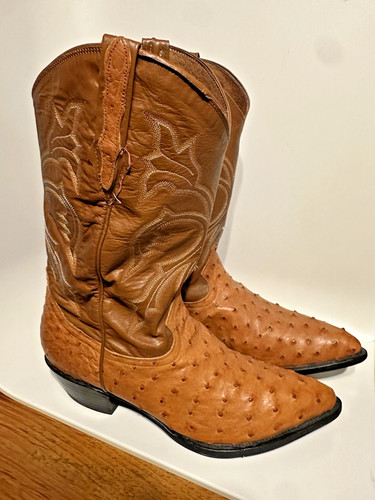 Men's Bernini Ostrich Leather Western Cowboy Boots Brown Pointed Toe 13EE