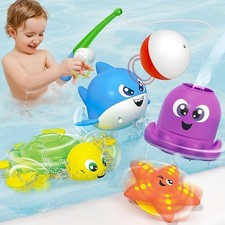 Bath Fishing Toy Set for Toddlers, Magnetic Rod, Wind-Up Shark Turtle, Spin Toys