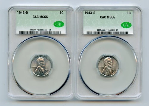 1943-D & 1943-S Lincoln Steel Wheat Cent 1c CAC MS66