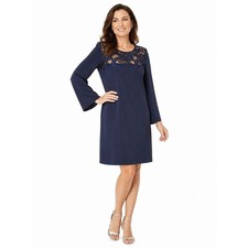 Lauren Ralph Lauren Shift Dress Navy Lace Yoke Bell Sleeve Classic Elegant Sz 6