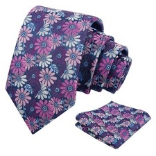 Mens 3.15'' Colorful Flower Necktie and Pocket Square 912-navy magenta Purple