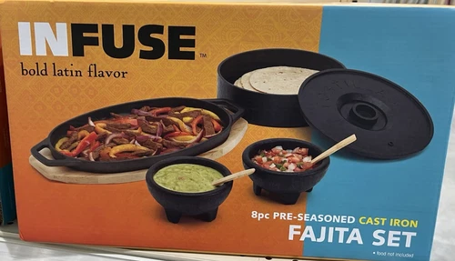 Infuse 8-Piece Fajita Pan Set Cookware Utensil Baking Mexican Food Cast Iron