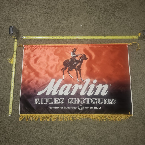 Vintage Marlin Advertising Fabric Hanging Banner Sign w/ Fringe 20x29 Horizontal