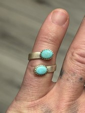 STERLING SILVER NATIVE AMERICAN SW TURQUOISE 2 STONE ADJ BYPASS BAND RING .925