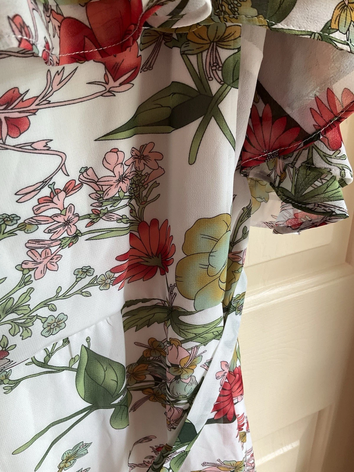 OFF WHITE Abito Bleecker 126 taglia 16 floreale volant trasparente foderato spalle scoperte bianco floreale