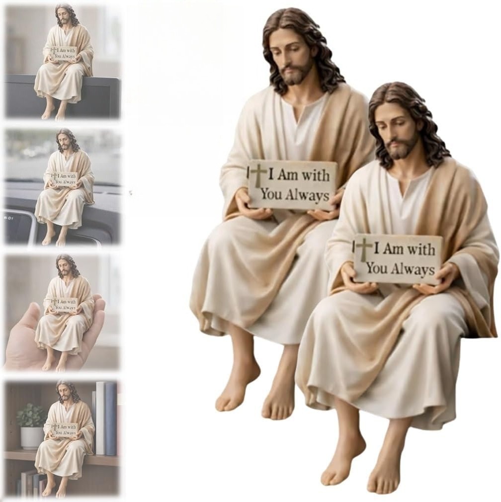 Jesus Resin Figurine with “I Am with You Always” Sign Handmade Sitting Statue