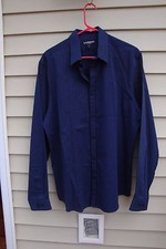 Men Express Modern Fit Button Up Shirt Navy Blue Grey Stripes Sz L 16-16 1/2