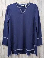 LOGO by Lori Goldstein Lounge Top Womans S Blue Knit Split Neck Pockets Comfort