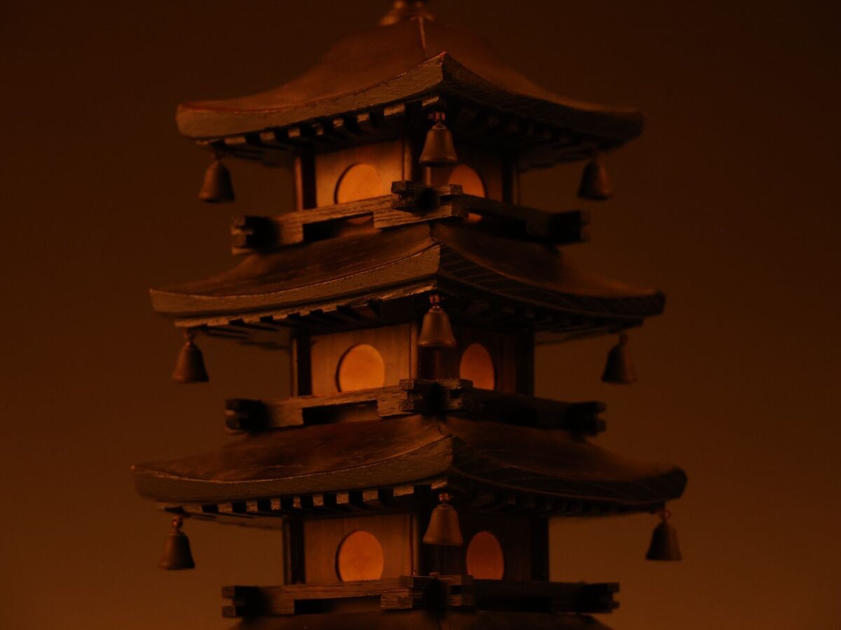 Japanese Old Vintage Wooden Figure FIVE STORIED PAGODA Lamp Japanese Old Vintage Wooden Figure FIVE STORIED PAGODA Lamp