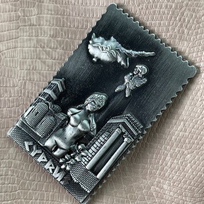 CYPRUS METAL FRIDGE MAGNET ISLAND SIGHTS AND APHRODITE STATUE POSTAL STAMP 