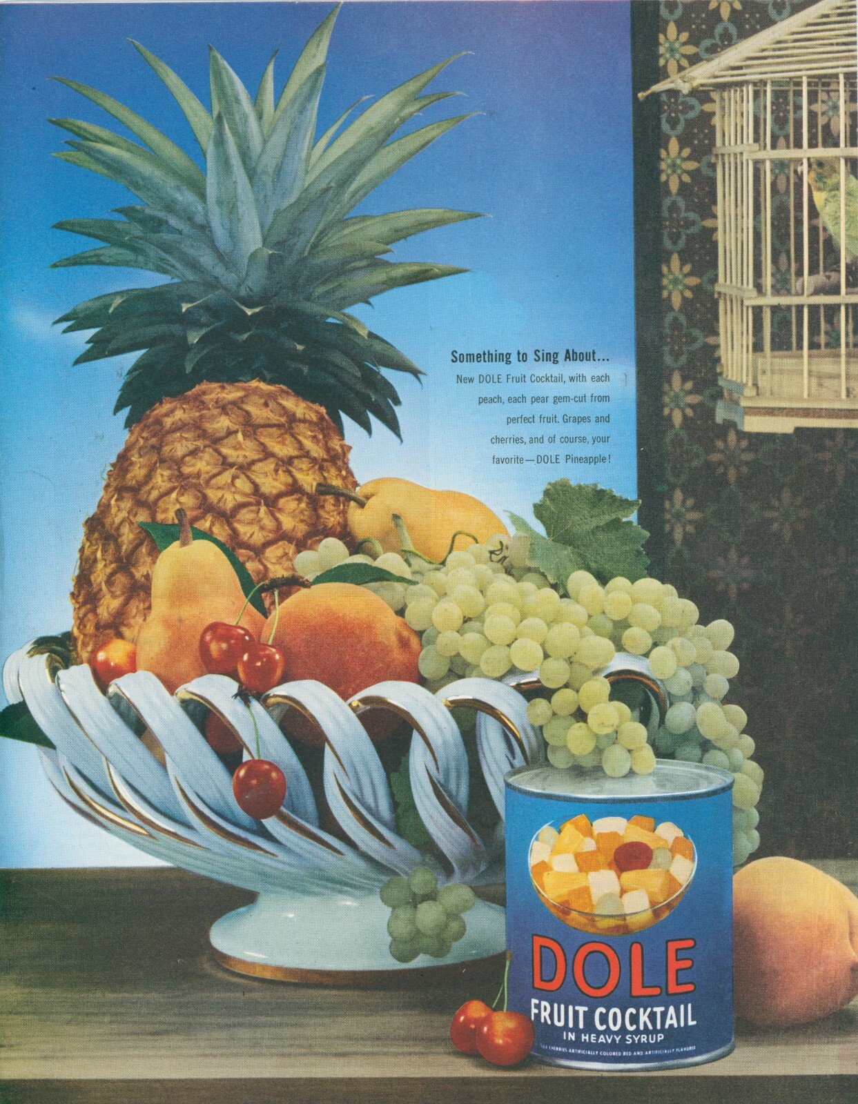 1951 Dole Fruit Cocktail Bowl Birdcage Pineapple Grape Cherry Vtg Print