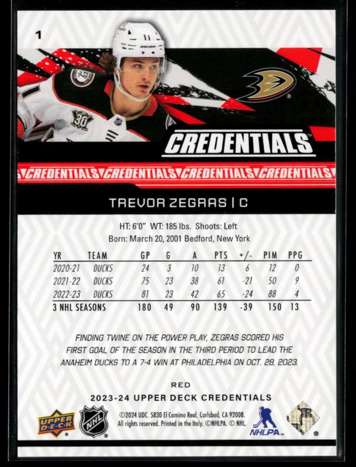2023-24 Upper Deck Credentials Red #1 Trevor Zegras 163/349 - Image 2 of 2
