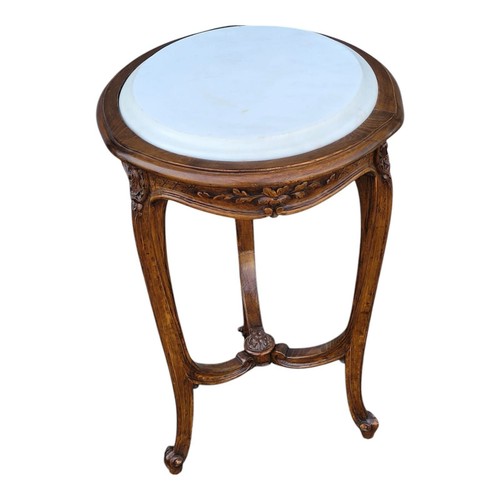 19th Century French Walnut Marble Top Side Table – Hand Carved, Accent Table - Picture 2 of 9