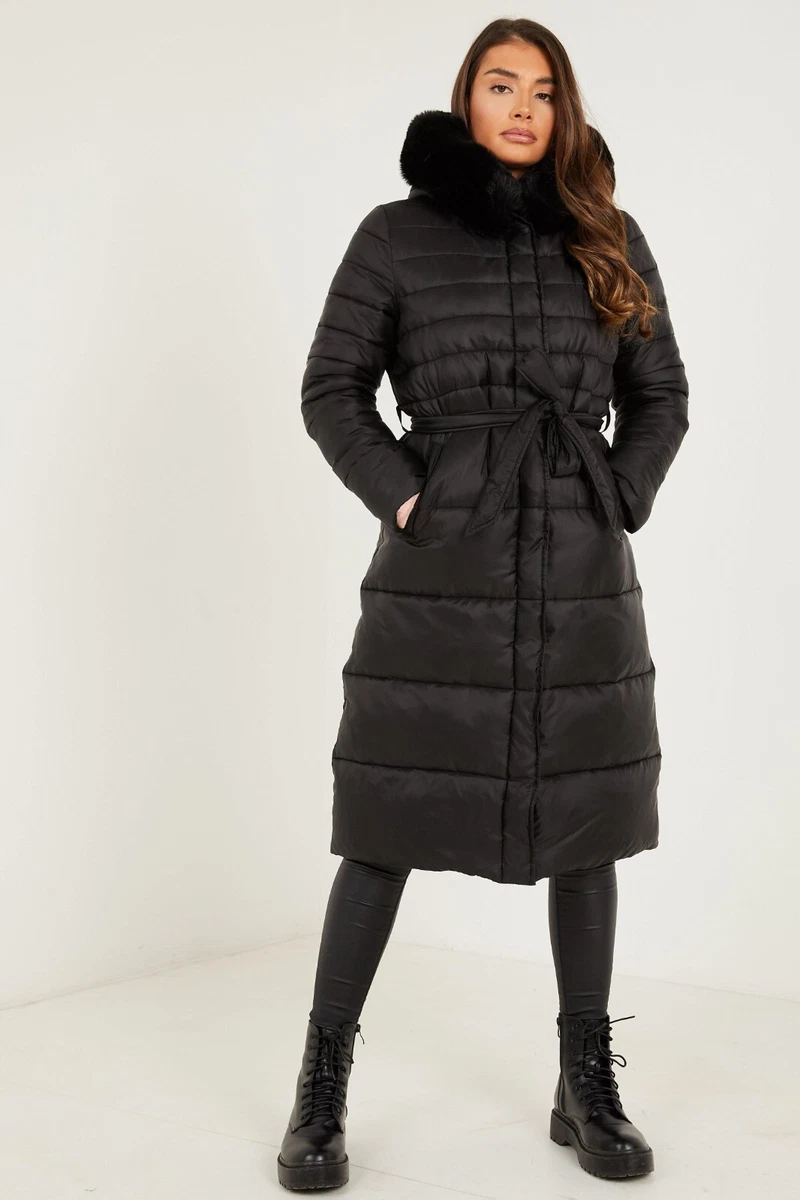 Quiz Black Padded Faux Fur Hood Long Midi Puffer Women Jacket