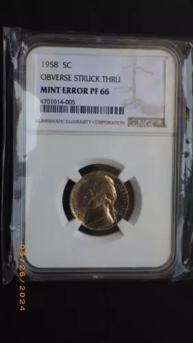 1958 5c Jefferson Nickel NGC Mint Error PF 66 * Obverse Struck Thru * Clean Case