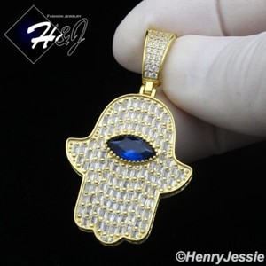 Authentic 925 Sterling Silver Icy Baguette Cz Gold Plated Evil Eye Hamsa Hand Pendant G421