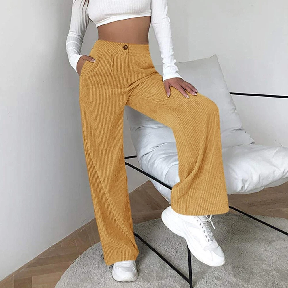 Womens High Waist Loose Straight Legs Long Corduroy Pants Casual