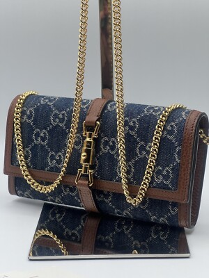 NWT Gucci Jackie 1961 GG Monogram Blue Denim Wallet on Chain
