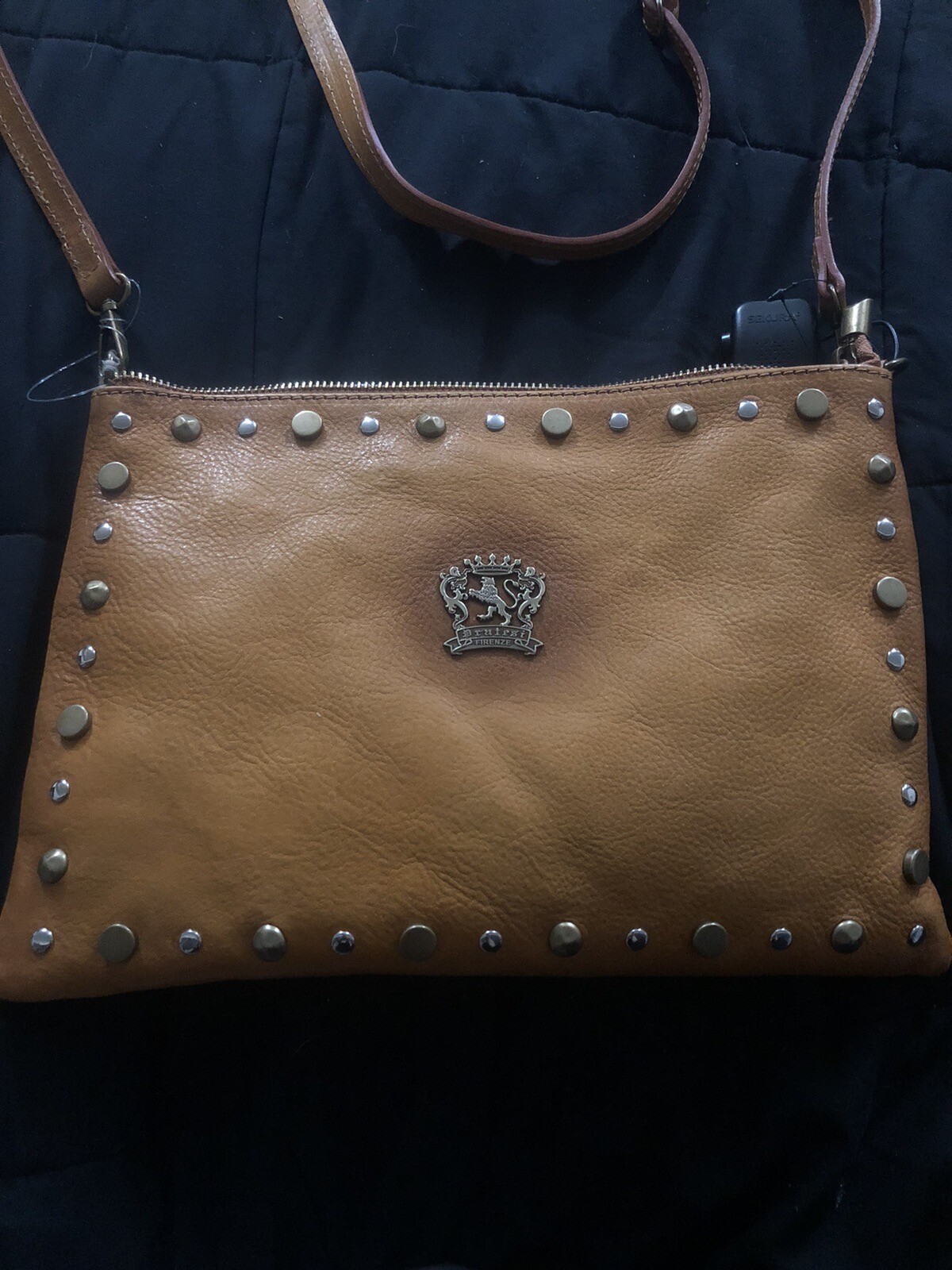 Pratesi Firenze Italian Leather Crossbody Clutch Wristlet in Cognac NWT-image