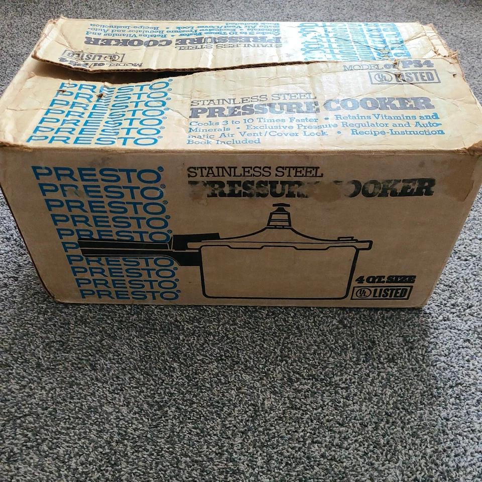 Panela de pressão vintage Presto aço inoxidável Mod 01/PS4 4 QT caixa original - Imagem 2 de 4