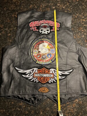Vintage Harley Davidson Men's Black Leather Embroidered Vest Size
