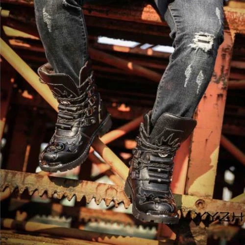 Men Punk Gothic Combat Mid Calf Boots Biker Military Faux Leather