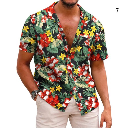Camicia uomo manica corta hawaiana bottoni tropicale estiva spiaggia casual maglietta blusa - Foto 11 di 20