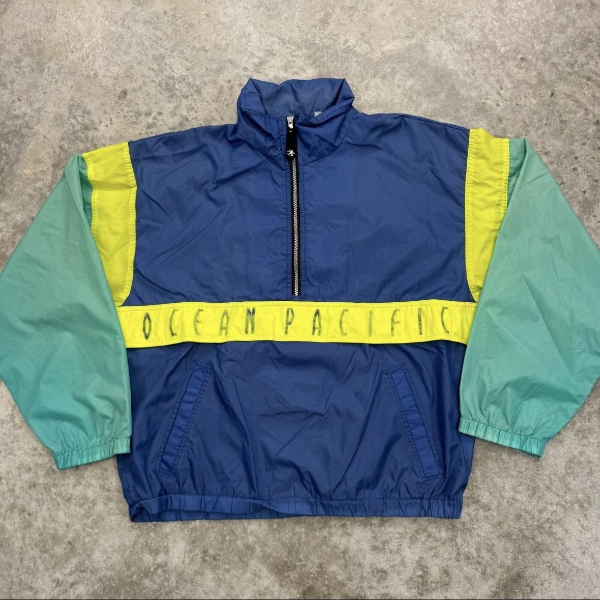 Vintage Ocean Pacific Jacket Mens Large Blue Green Yellow