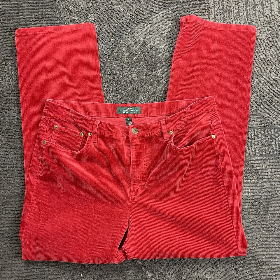 Pantalones de pana rojos elásticos de pierna recta Lauren Ralph Lauren para mujer 16 LRL Foto 2 de 4