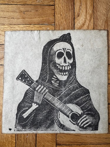Skull Guitar José Guadalupe Posada Calavera Mexican Woodblock Print 7.5 x 7.5