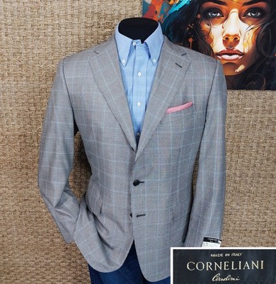 NWT CORNELIANI 44 R Silk-Blend Sport Coat Blue Gray Black Windowpane $1,450 MSRP