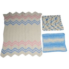 Crochet Baby Blanket Set Handmade Knit Chevron Pink Blue White Kids
