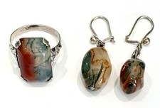 Vintage 925 Silver Moss Agate Jewellery Matching Ring & Earrings (Ring Size Q)