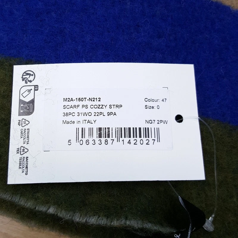 PAUL SMITH Para Hombres Bufanda Verde Tostado Azul Rayas Acogedor Tejido Flecos Dobladillo Logo 10x66 $125 Foto 3 de 4