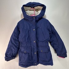 Girls Lands End Size M 6x-7 Navy Zip Up Faux Fur Lined Hooded Parka FLeece Lined