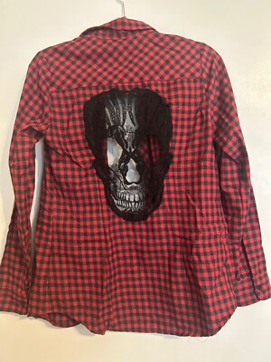 Hot Topic Mesh Lace Skeleton Head Long Sleeve Flannel Shirt