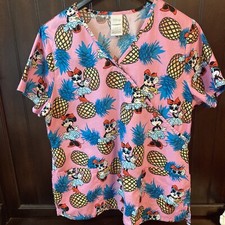 Disney Chic Minnie Mouse Pink W Pineapples Scrub Top Women s Sz L