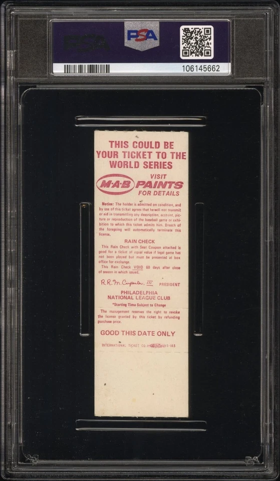 1978 PHILA. PHILLIES-STUB STUB PHILLIES-3 PIRATES-1 AUG.10 JOHN MILNER 1-3 PSA 5 - Image 2 of 3