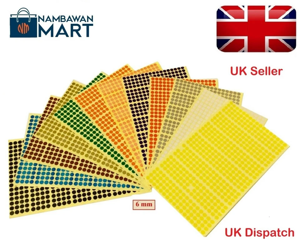 NAMBAWAN 6mm Coloured Dots Round Stickers Sticky Adhesive Spot Circle Paper Labels UK DS6