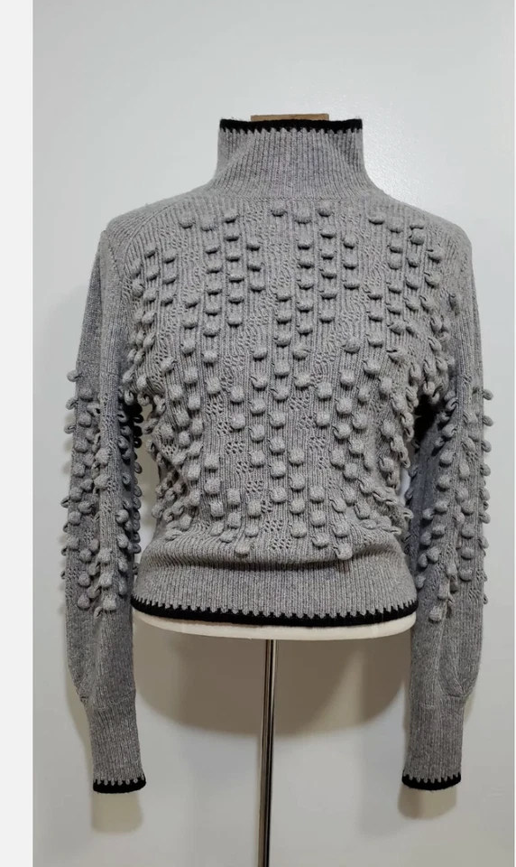 Suéter BCBG Maxazria Gris Palomitas de Maíz Manga Larga Tejido Cuello Alto Mezcla de Lana Talla S Foto 3 de 4