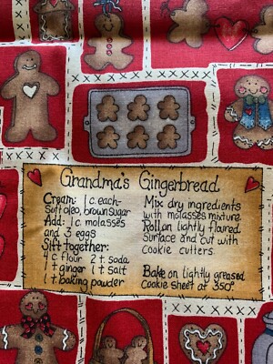 Vtg Dianna Marcum Fabric 1 Yd x 45'' Christmas Gingerbread Grandma's Recipe