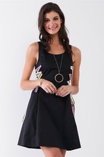 Black Multicolor Strap Lace-Up Side Detail Sleeveless Round Neck Mini Dress